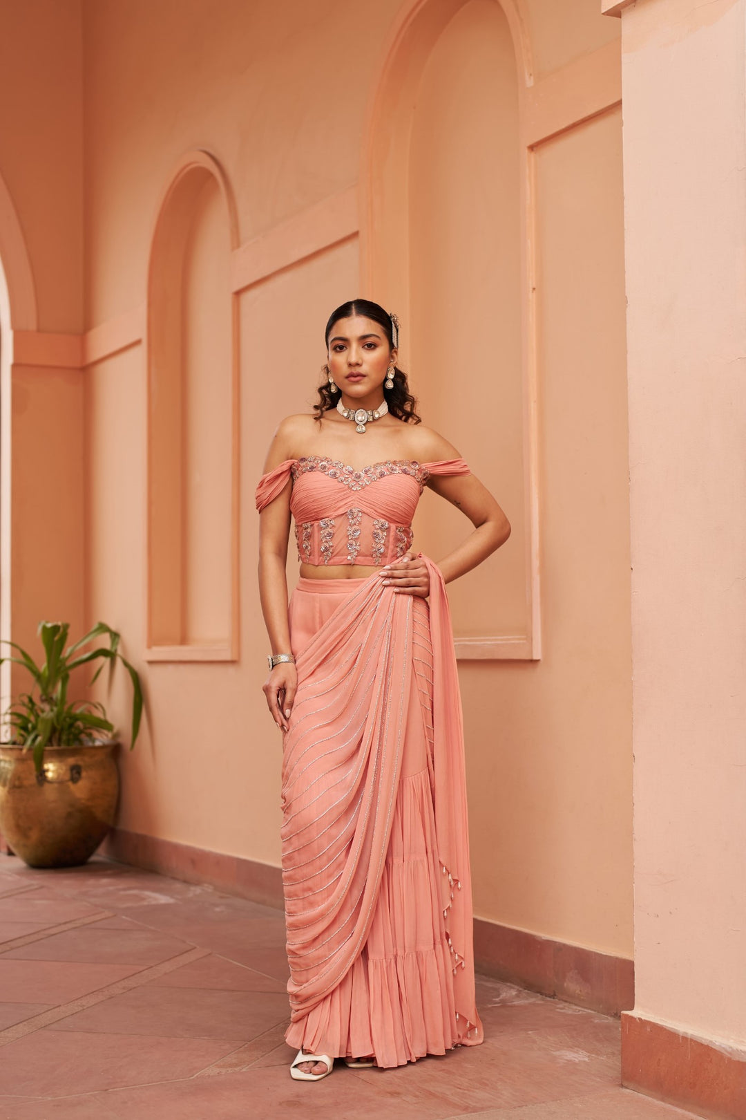 Peach Sharara Saree With Corset Blouse