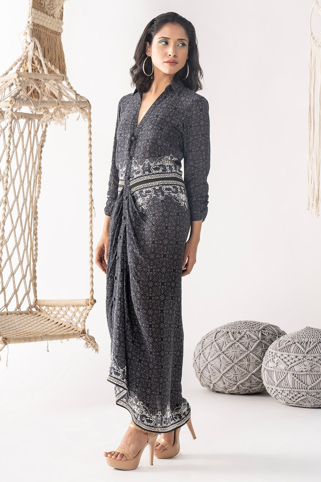Black Printed Shirt Dress - RTS
