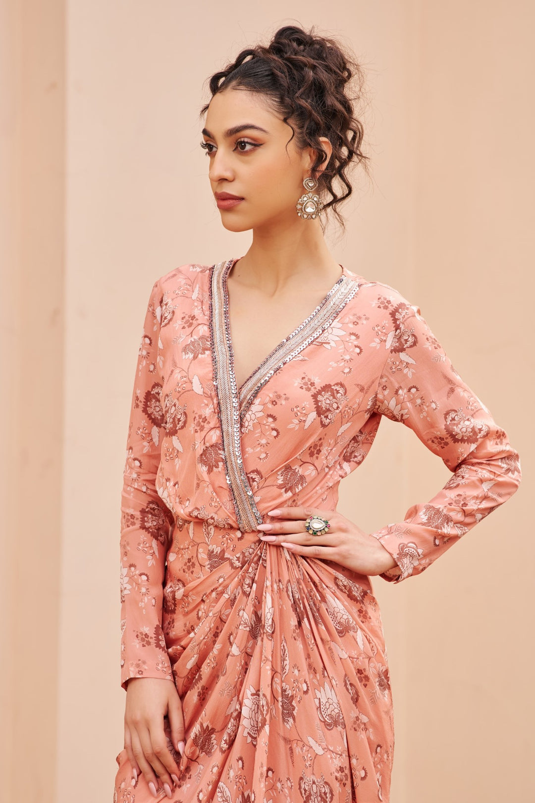 Peach Printed Draped Dress