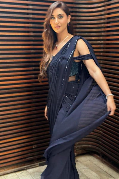 Actress Krystal Dsouza in navy blue embroidered sharara set