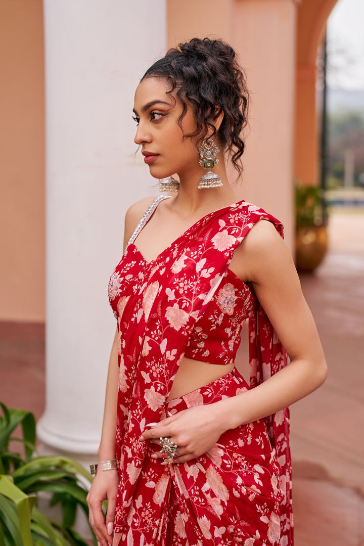 Red Printed Saree With Blouse