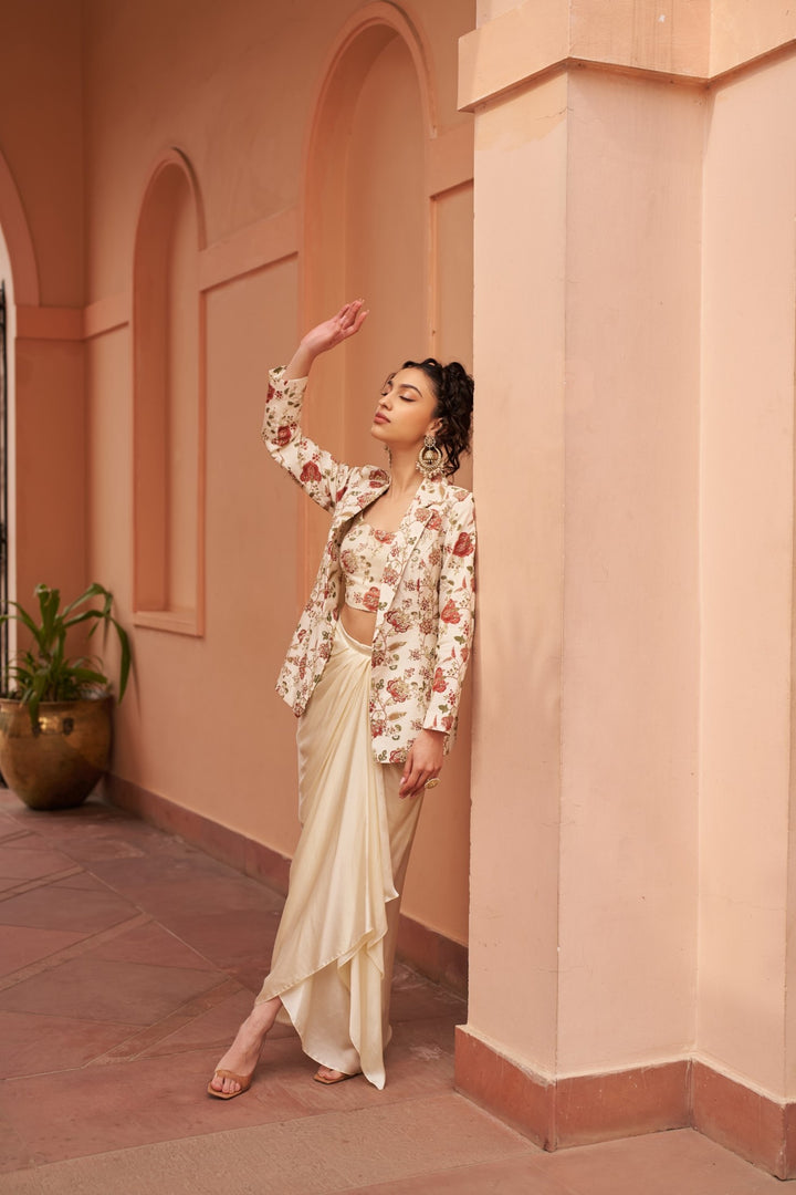 Ivory Draped Skirt With Printed Bustier And Jacket