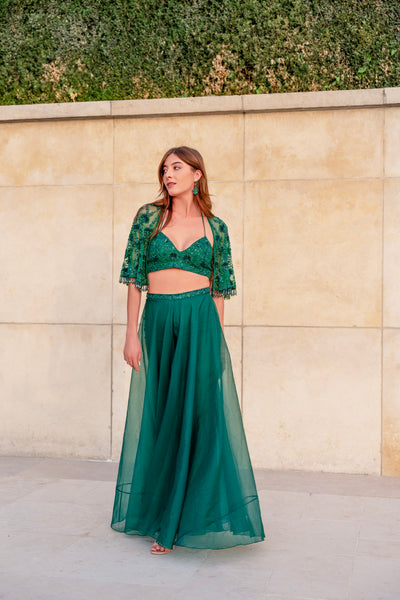 Green embroidered bustier with cape and flared palazzo