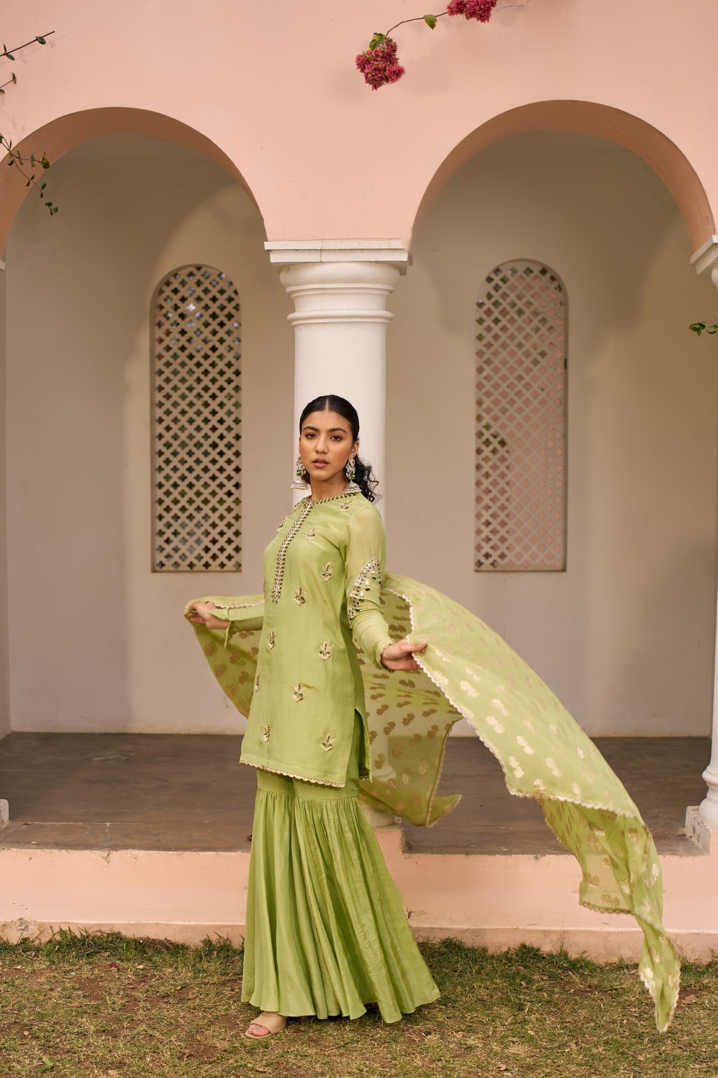 Green Tissue Sharara Set
