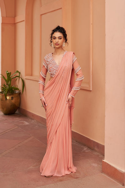 Peach Saree With Embroidered Blouse