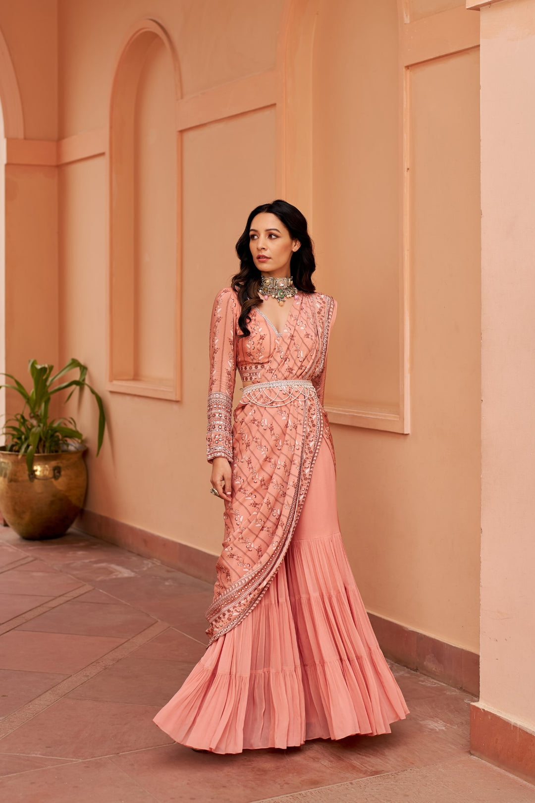 Peach Sharara Saree With Blouse And Belt