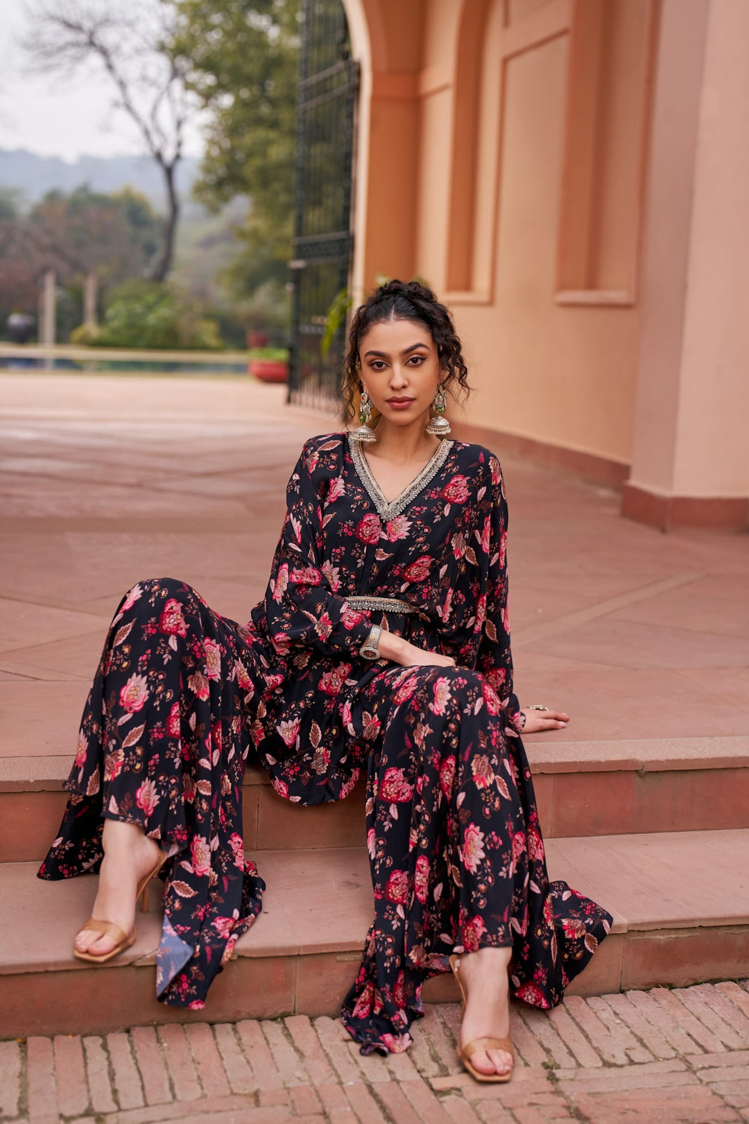 Black Printed Kimono Sleeve Sharara Set