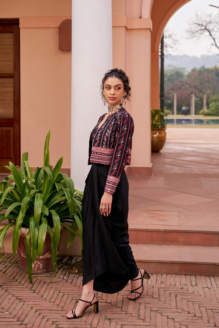 Black Short Jacket With Inner And Draped Skirt