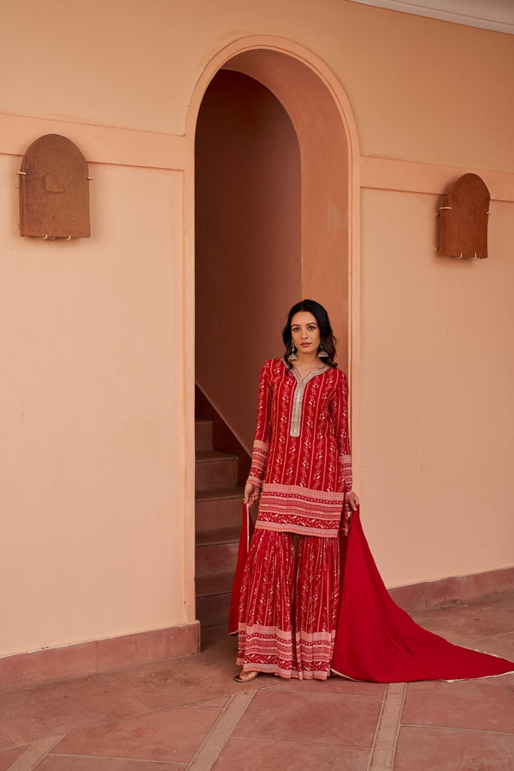 Red Printed Sharara Set