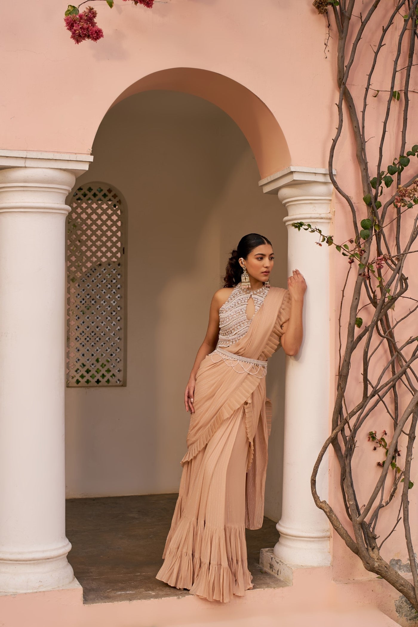 Beige Saree With Embroidered Blouse And Belt