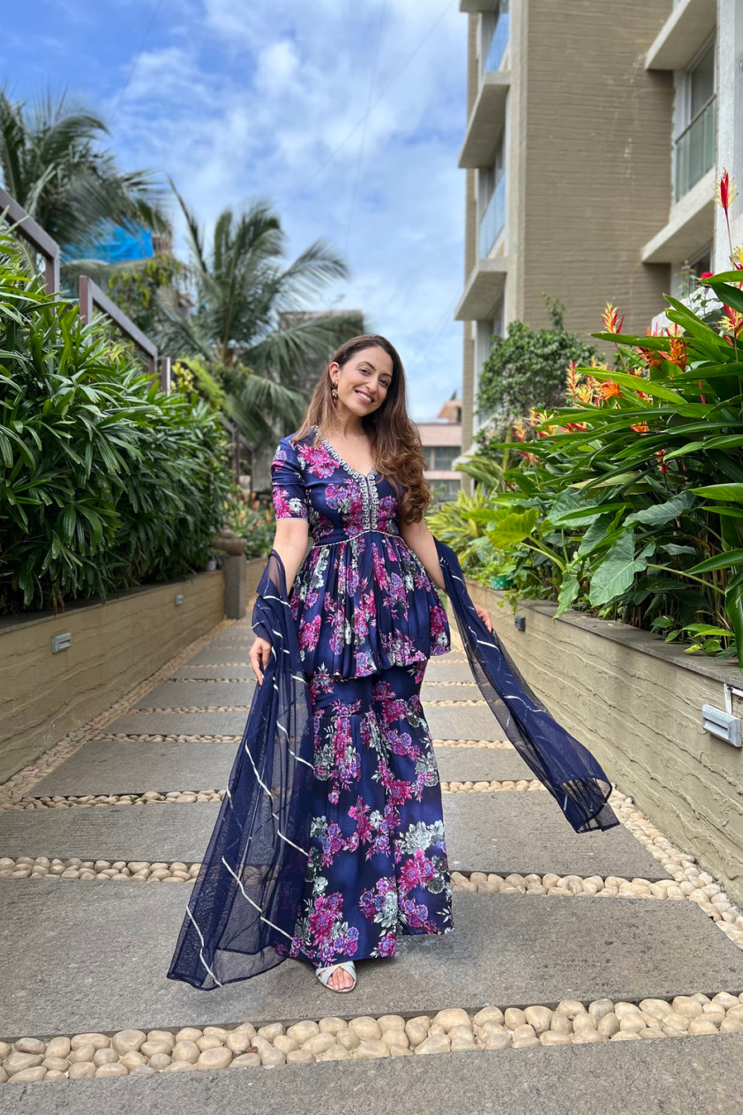 Influencer Vriti in navy blue printed sharara set