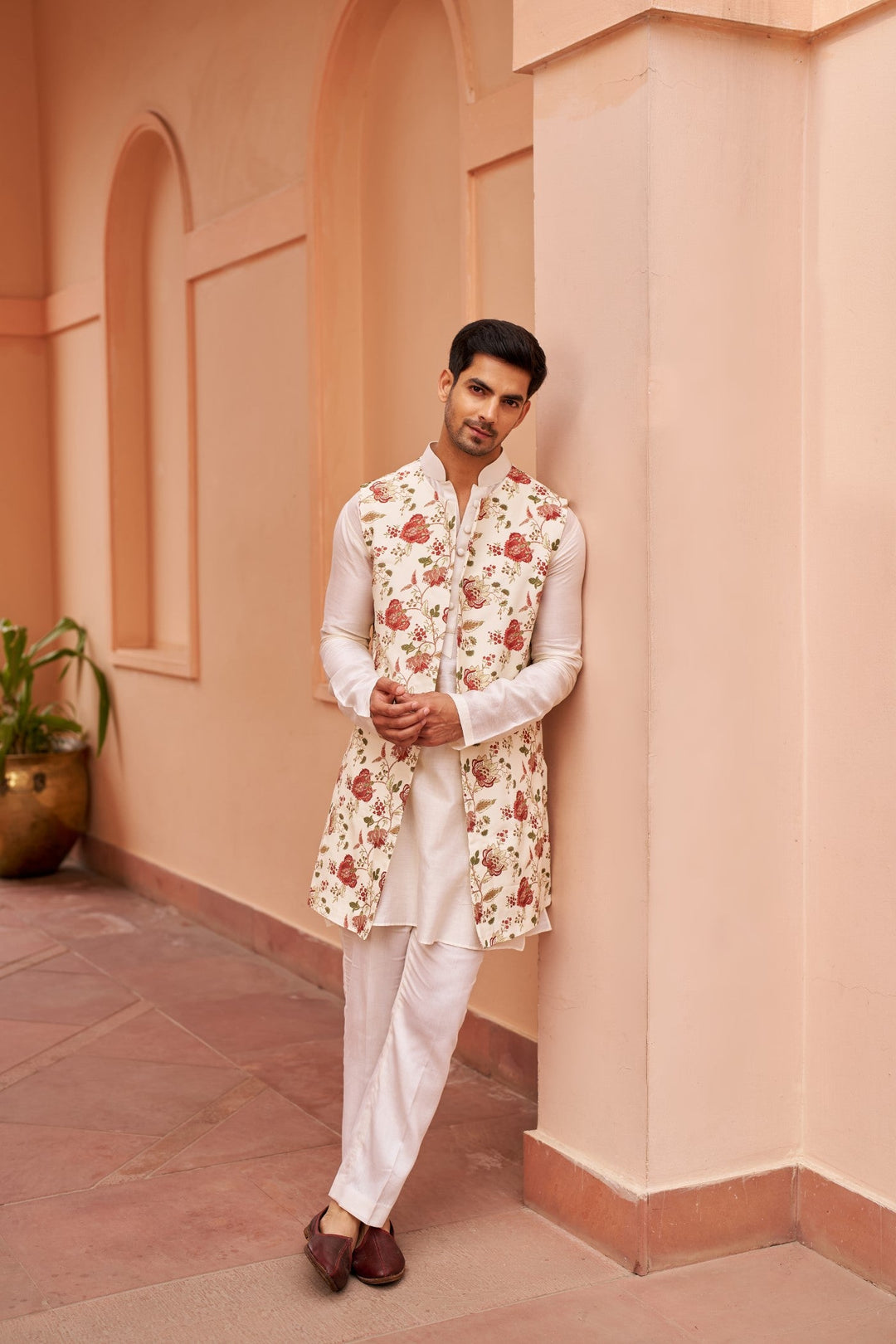 Ivory Kurta Set With Long Bundi