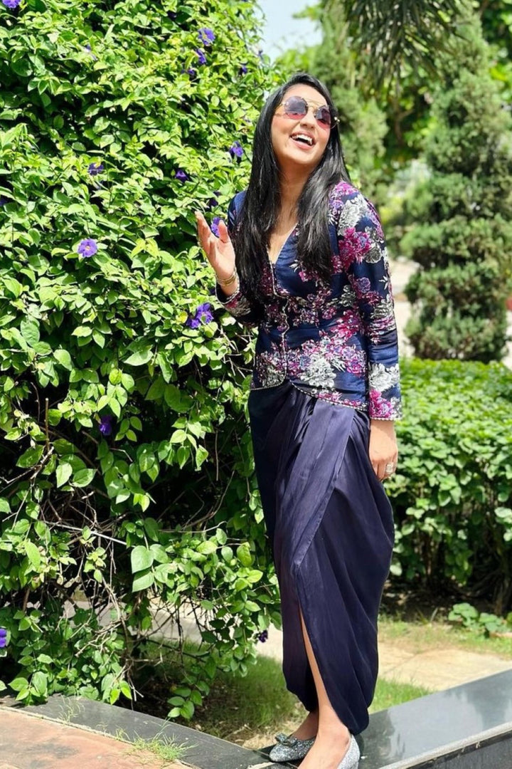 Influencer Sugandha in blue jacket with skirt