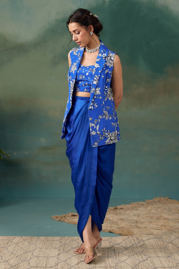 Royal Blue Jacket With Draped Skirt And Bustier