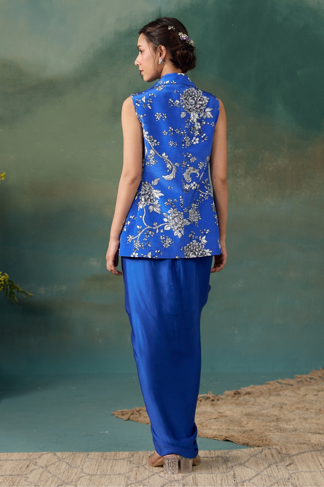 Royal Blue Jacket With Draped Skirt And Bustier