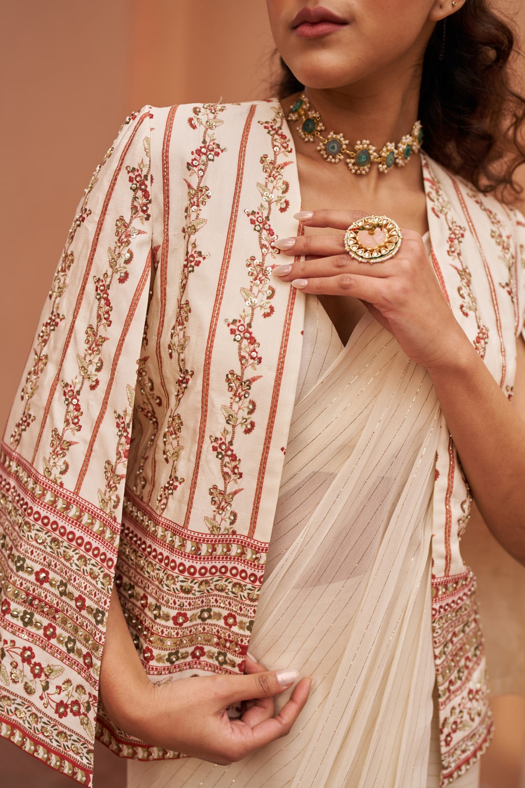 Ivory Printed Cape With Saree