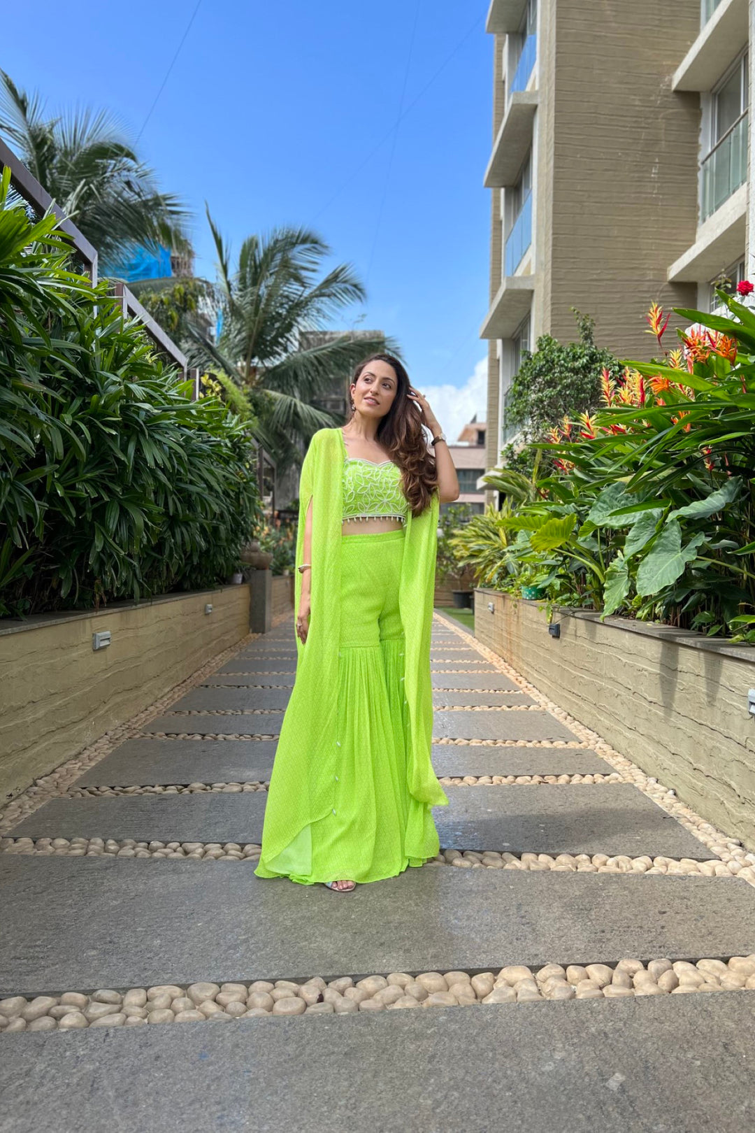 Influencer Vriti in lime green printed sharara set