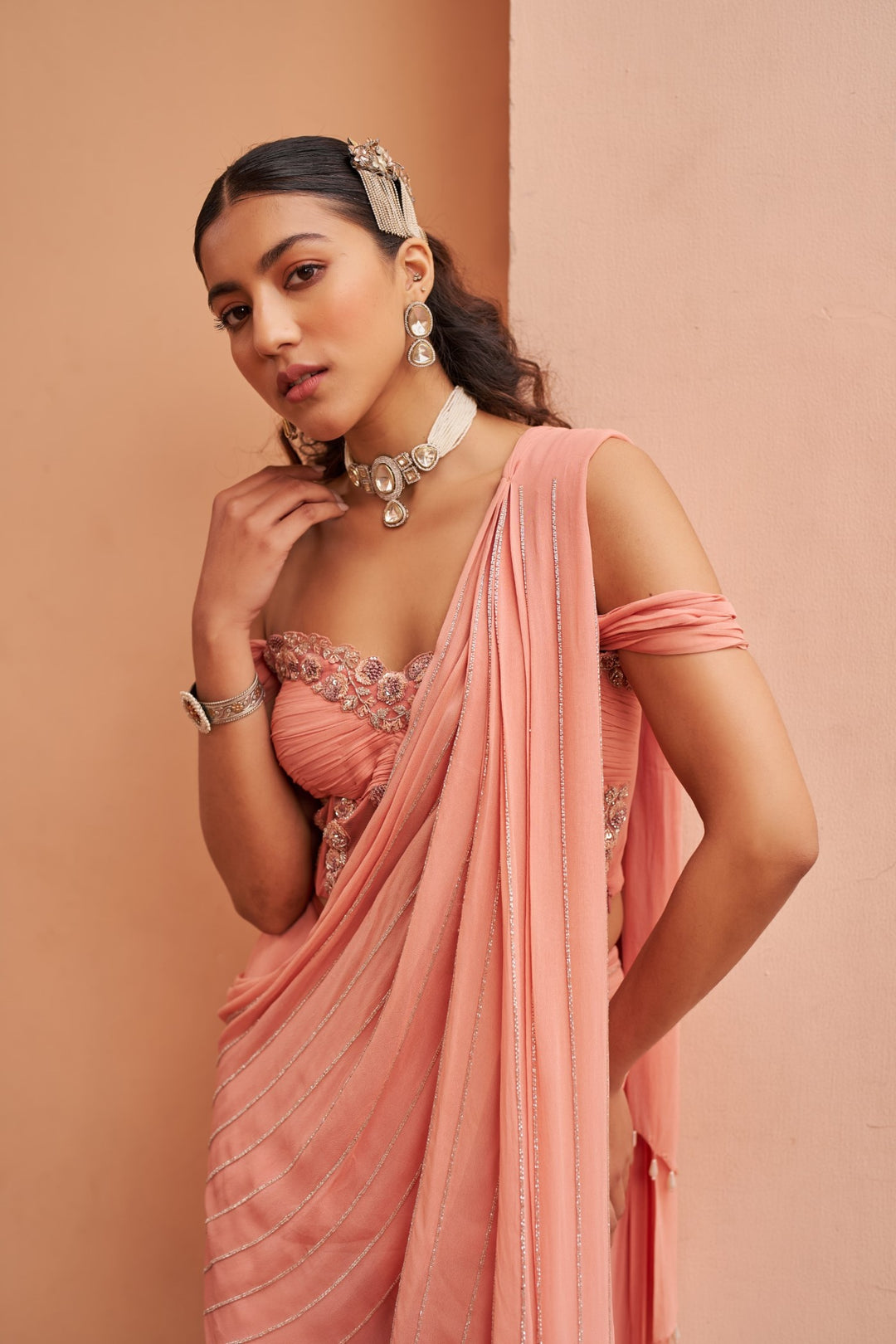 Peach Sharara Saree With Corset Blouse