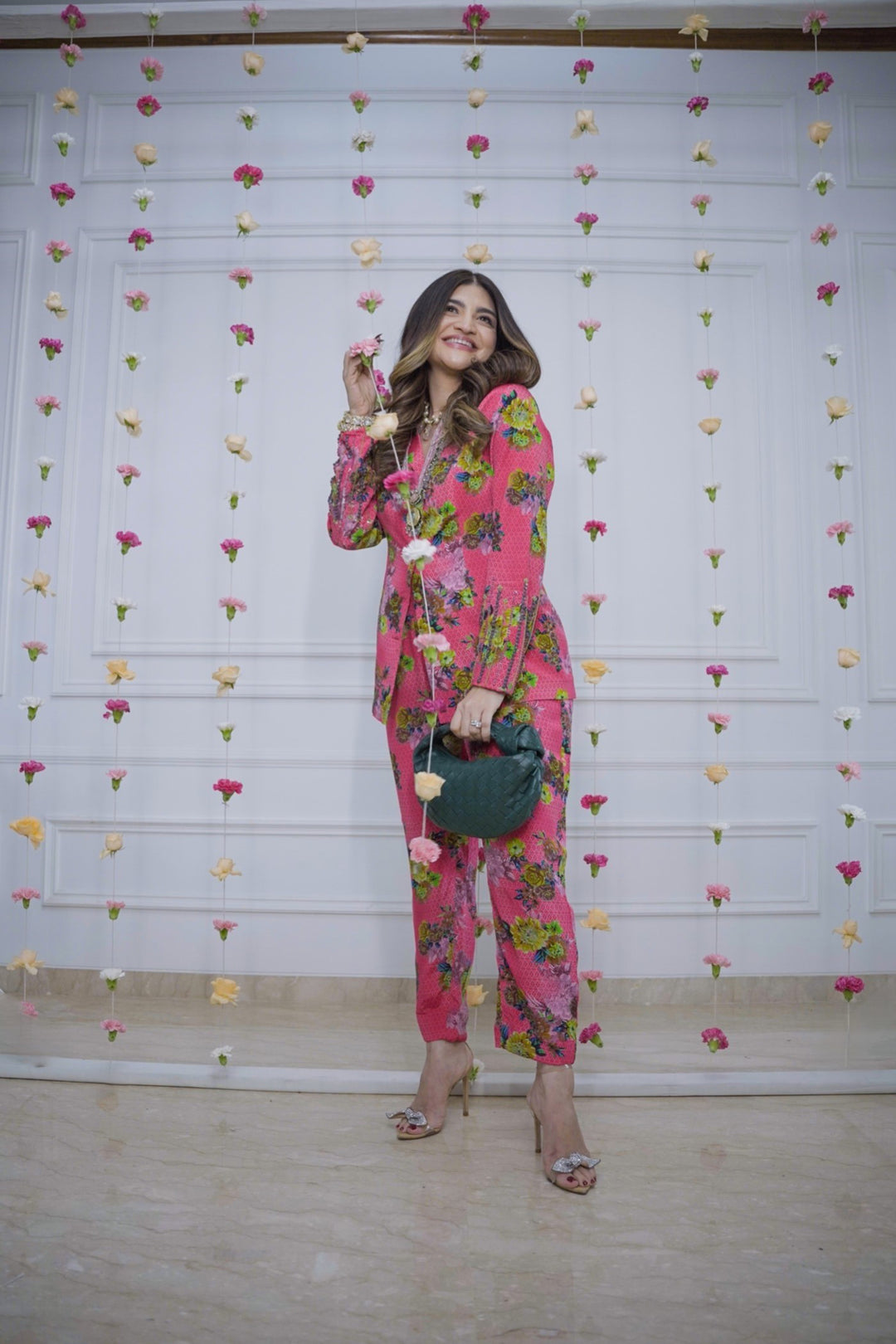 Influencer Khushnaaz in pink printed co-ord set