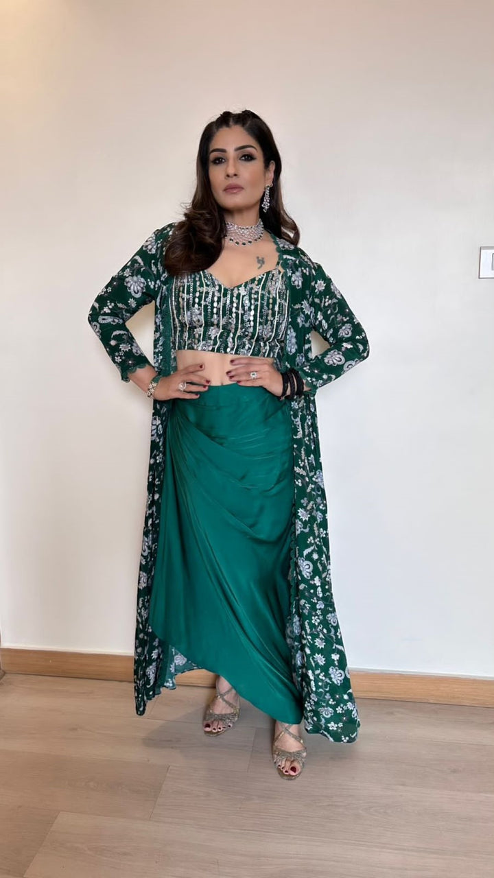 Raveena Tandon In Bottle Green Printed Cape Set