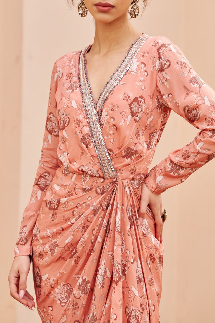 Peach Printed Draped Dress