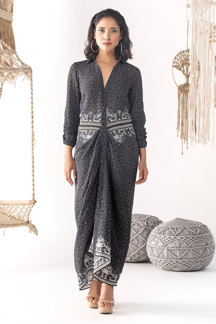 Black Printed Shirt Dress - RTS
