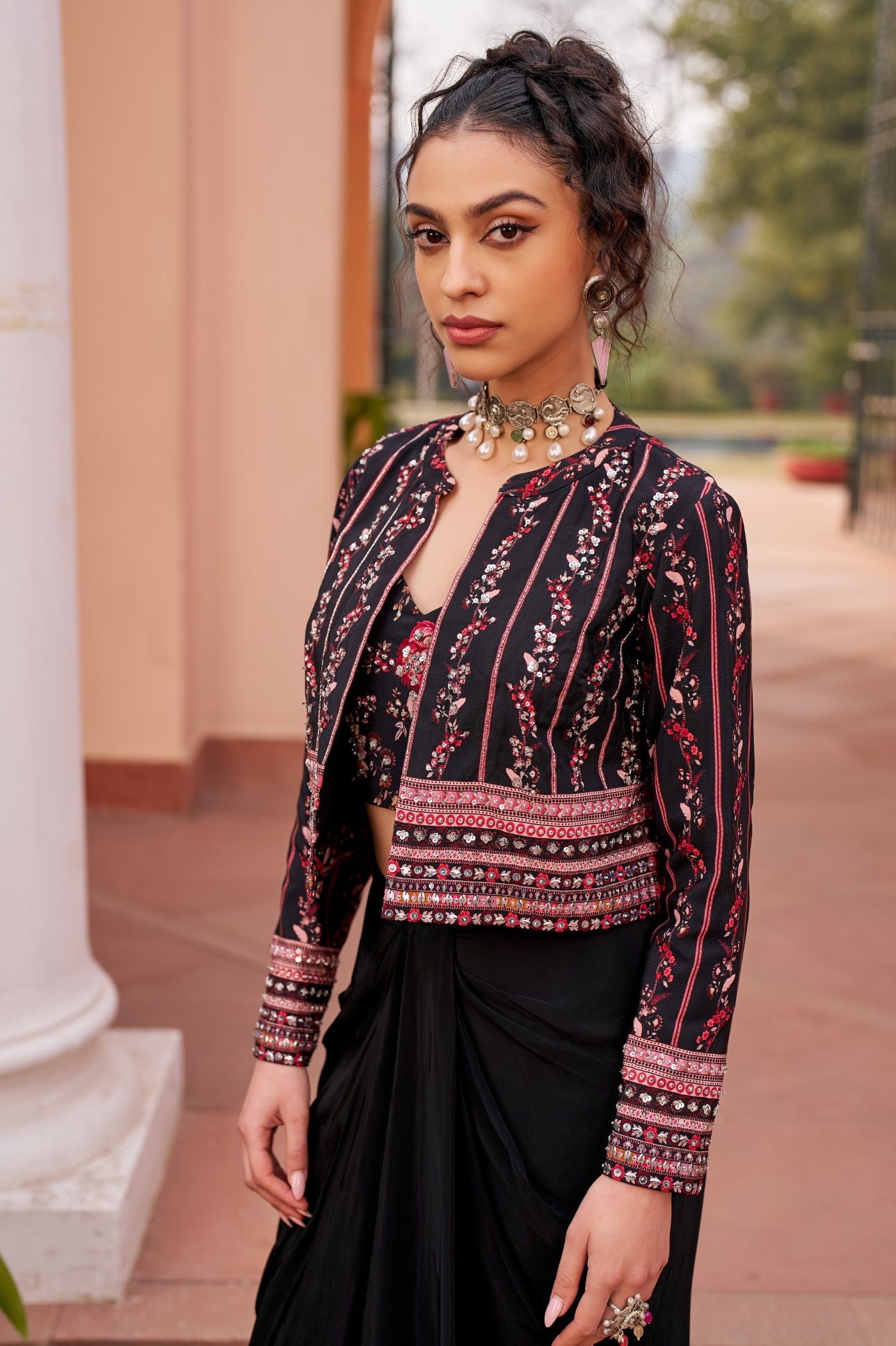 Black Short Jacket With Inner And Draped Skirt – Chhavvi Aggarwal