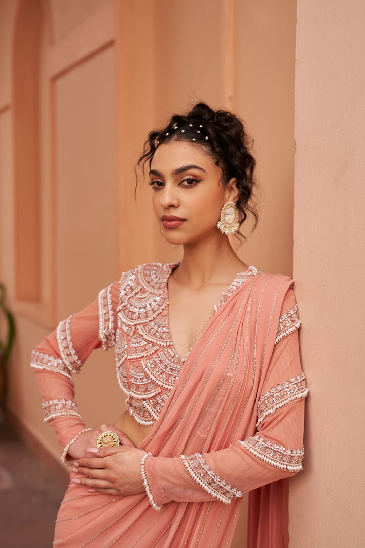 Peach Saree With Embroidered Blouse