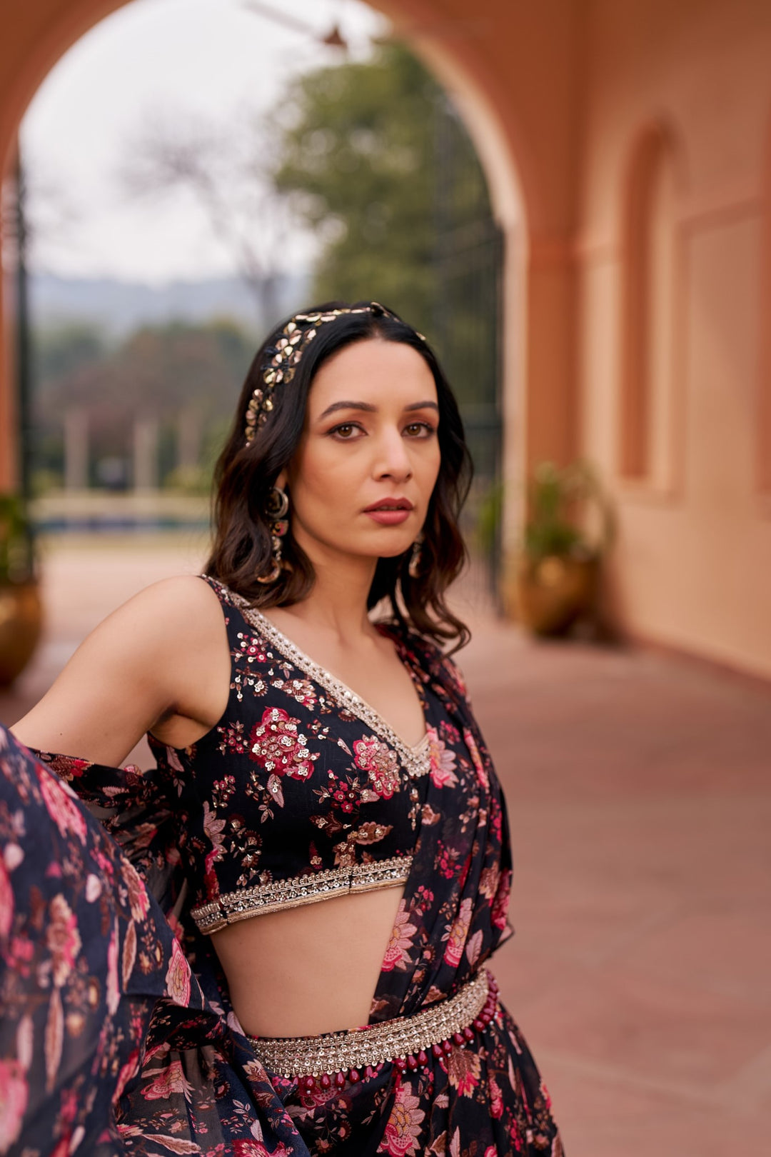 Black Printed Saree With Blouse And Belt