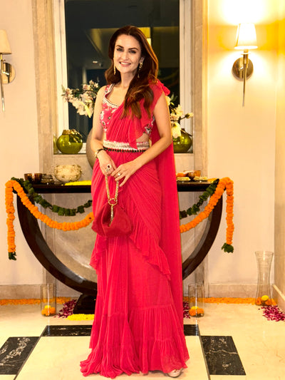 RED SAREE WITH PRINTED BLOUSE AND BELT