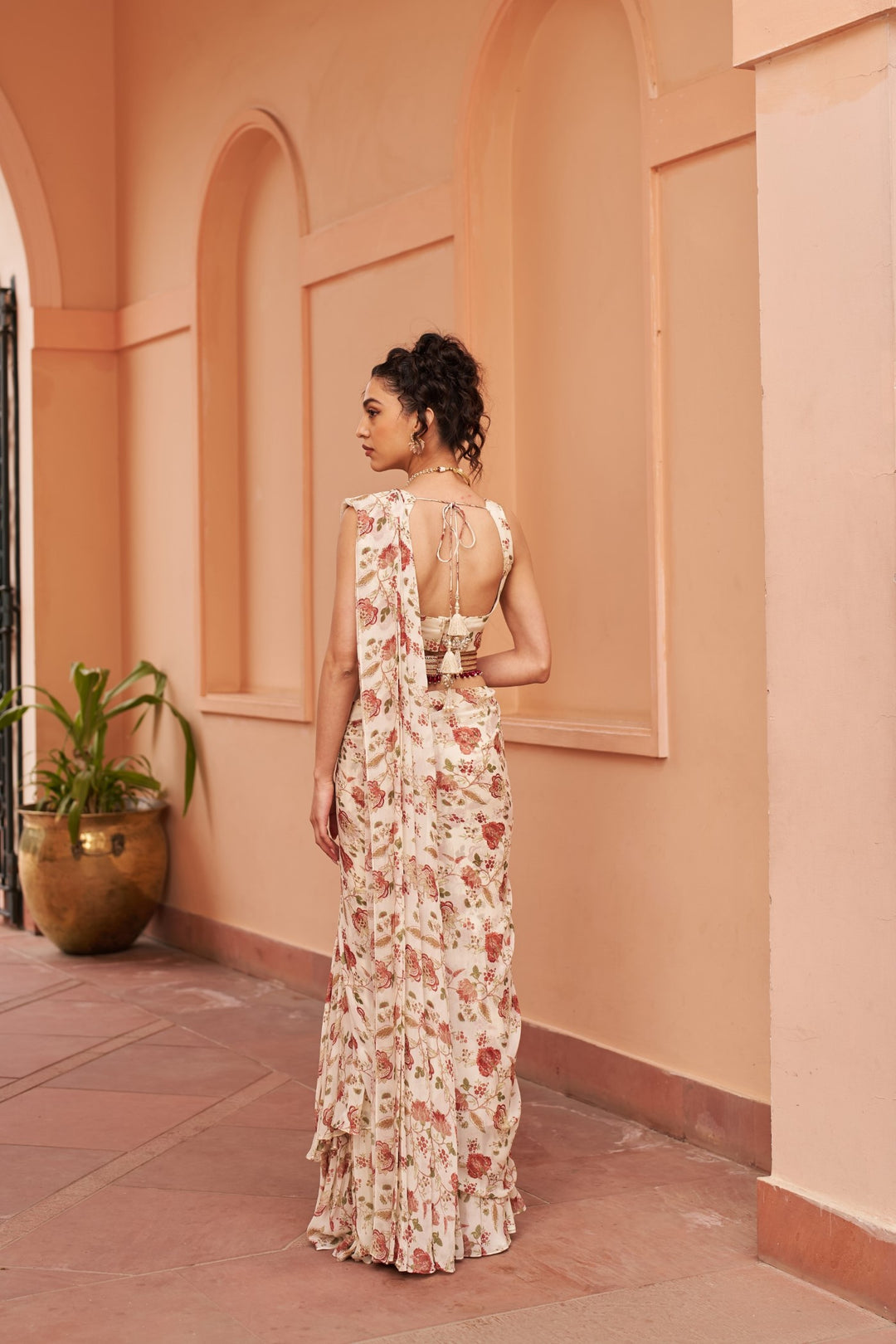 Ivory Printed Saree With Blouse And Belt