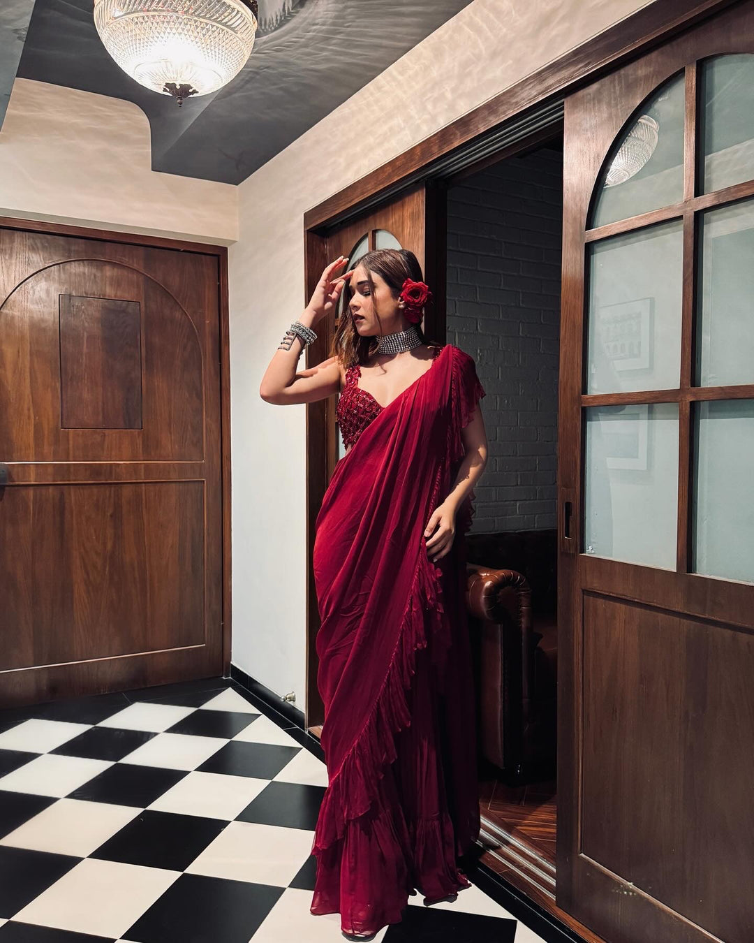 MAROON SHARARA SAREE WITH EMBROIDERED BLOUSE