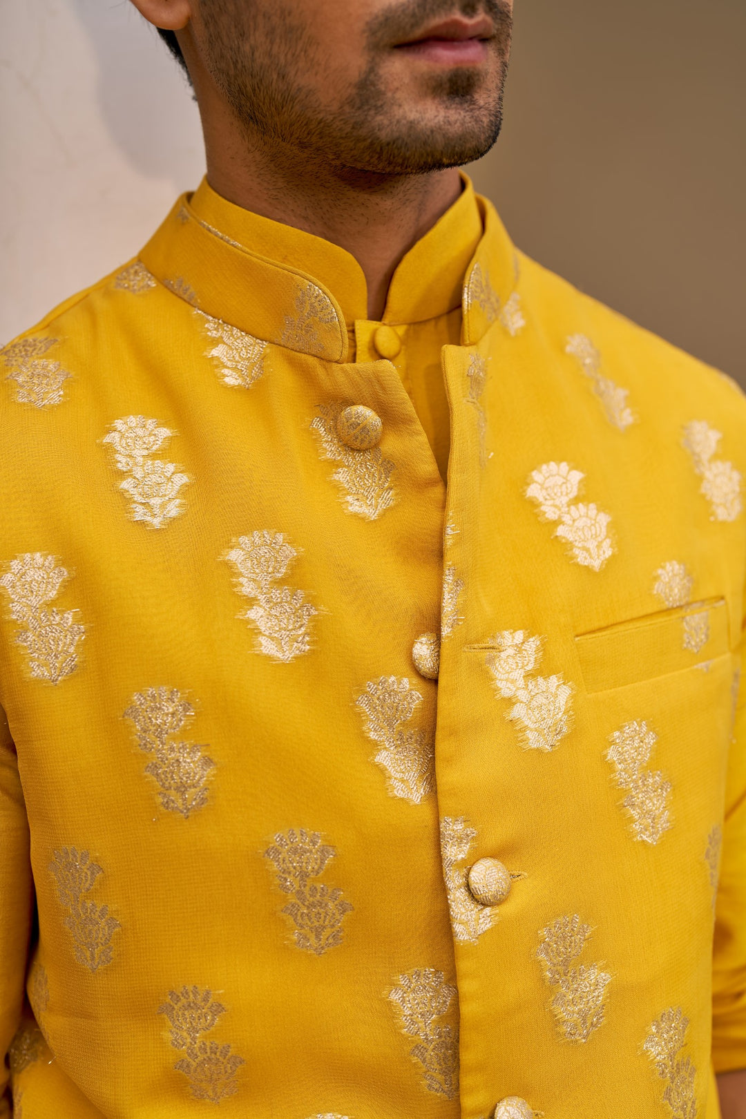 Yellow Kurta Set With Bundi