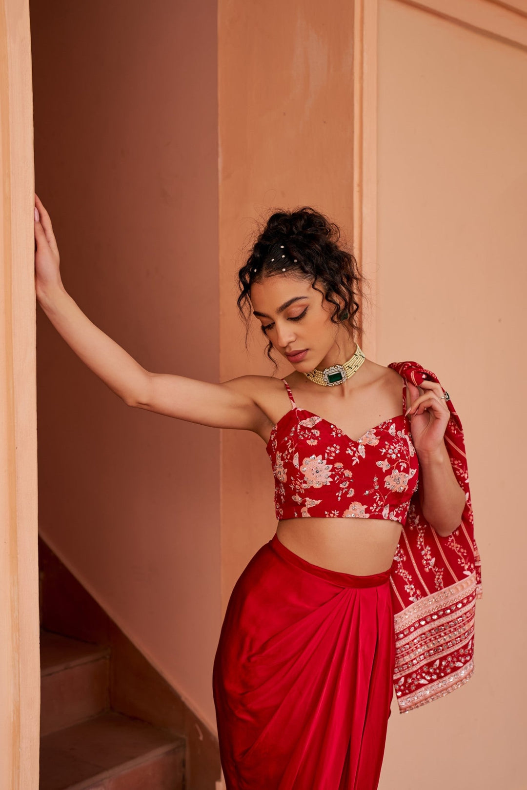 Red Printed Cape And Bustier With Draped Skirt