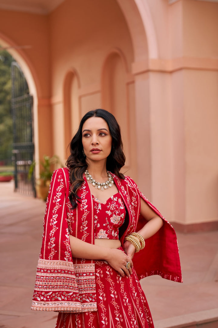 Red Lehenga With Cape And Inner