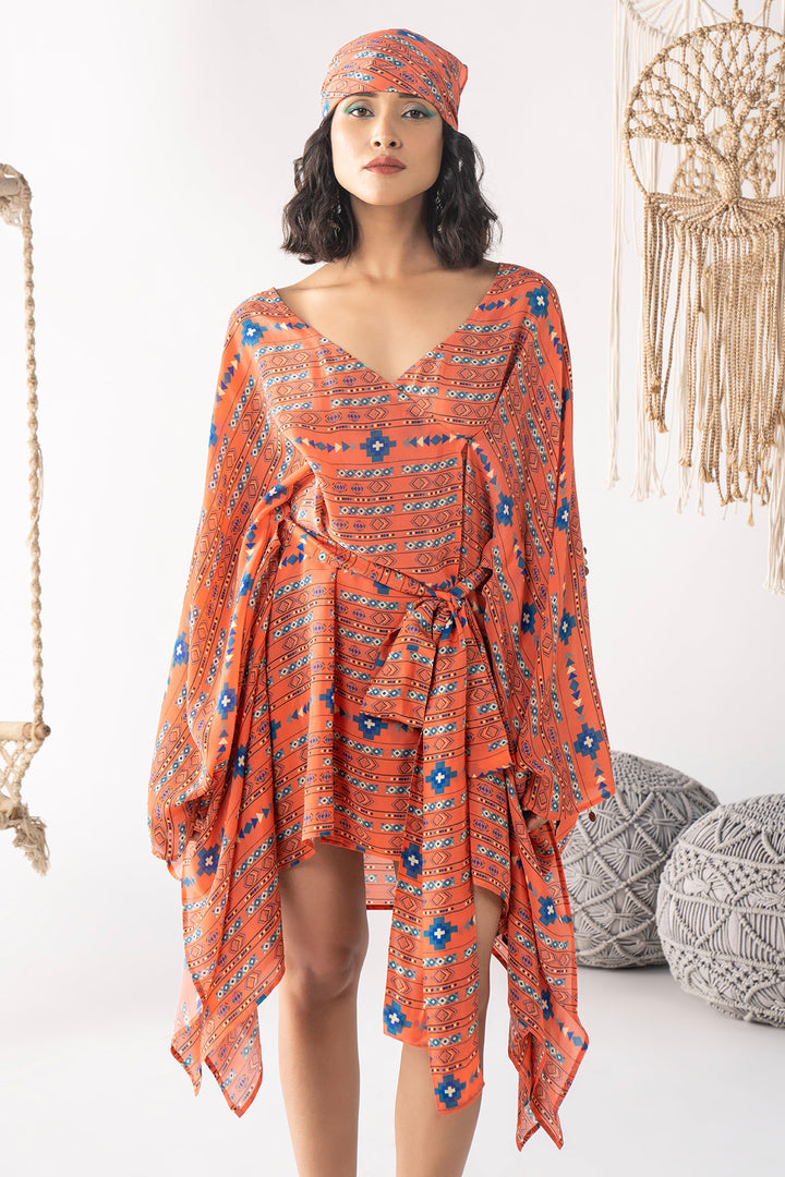 Orange Printed Wrap Dress