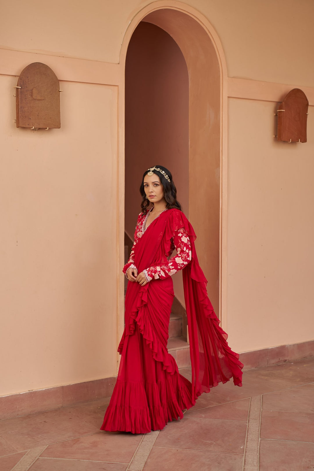 Red Saree With Printed Blouse