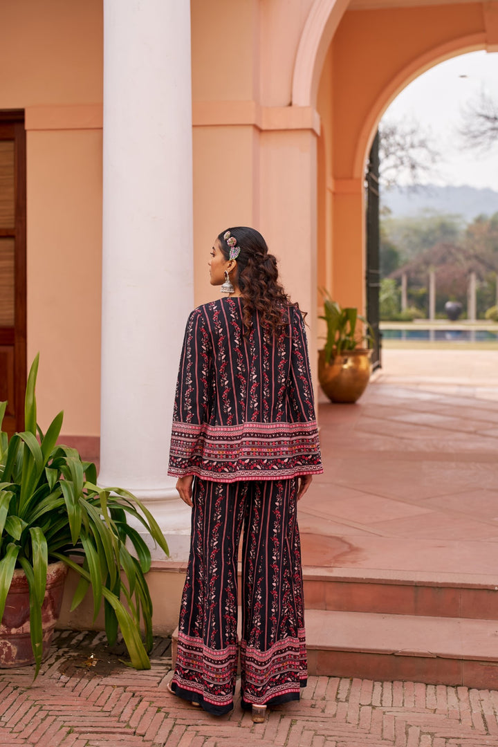 Black Printed Palazzo With Cape And Inner