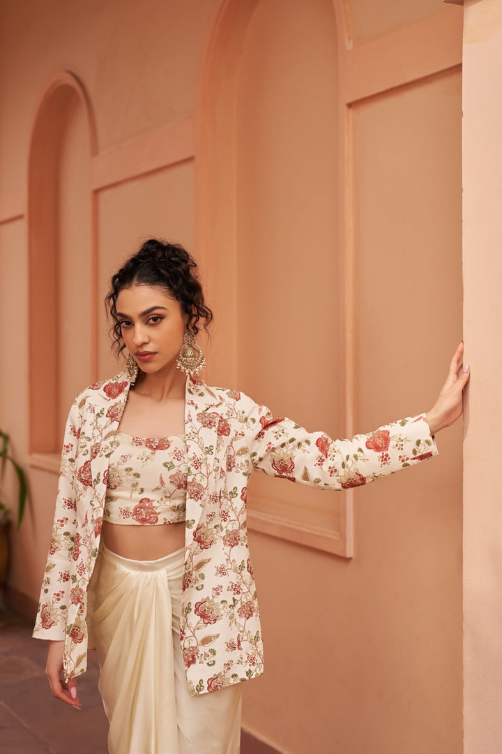 Ivory Draped Skirt With Printed Bustier And Jacket