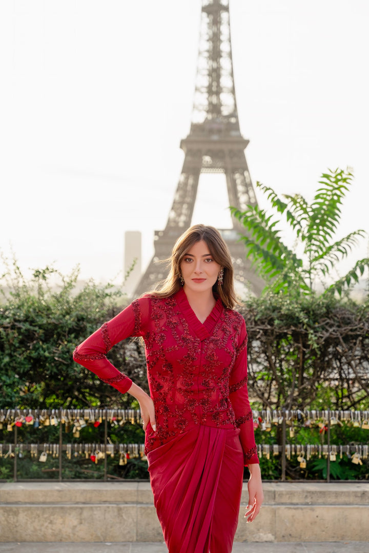 Maroon skirt with embroidered jacket and inner