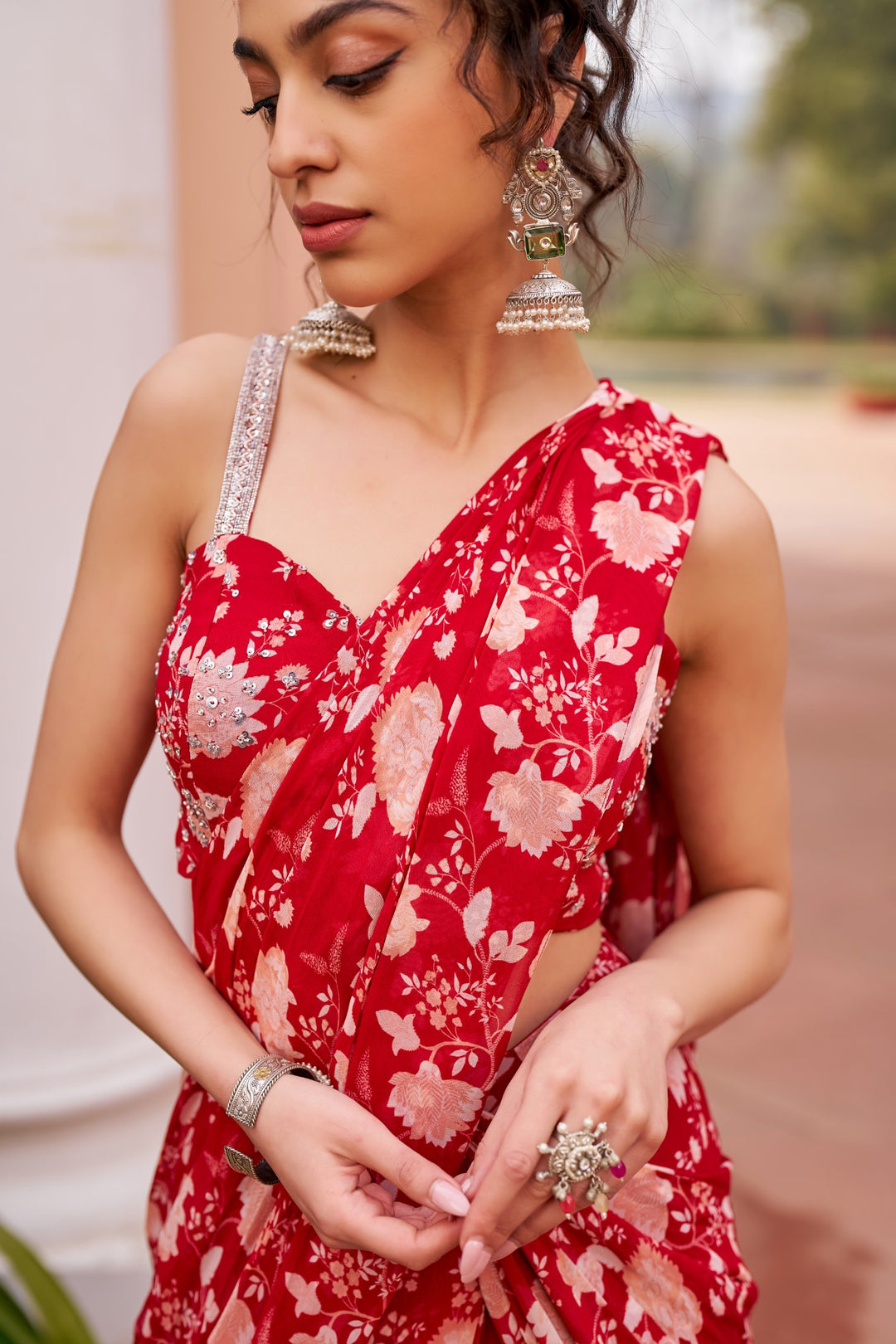 Red Printed Saree With Blouse