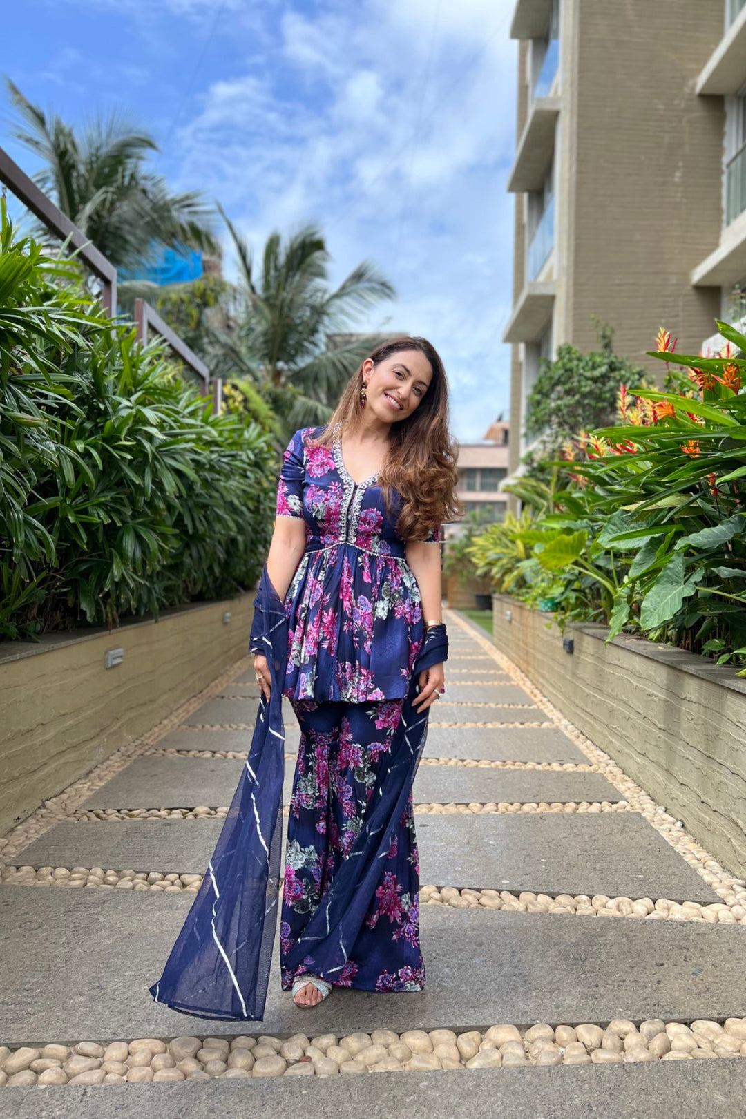 Influencer Vriti in navy blue printed sharara set