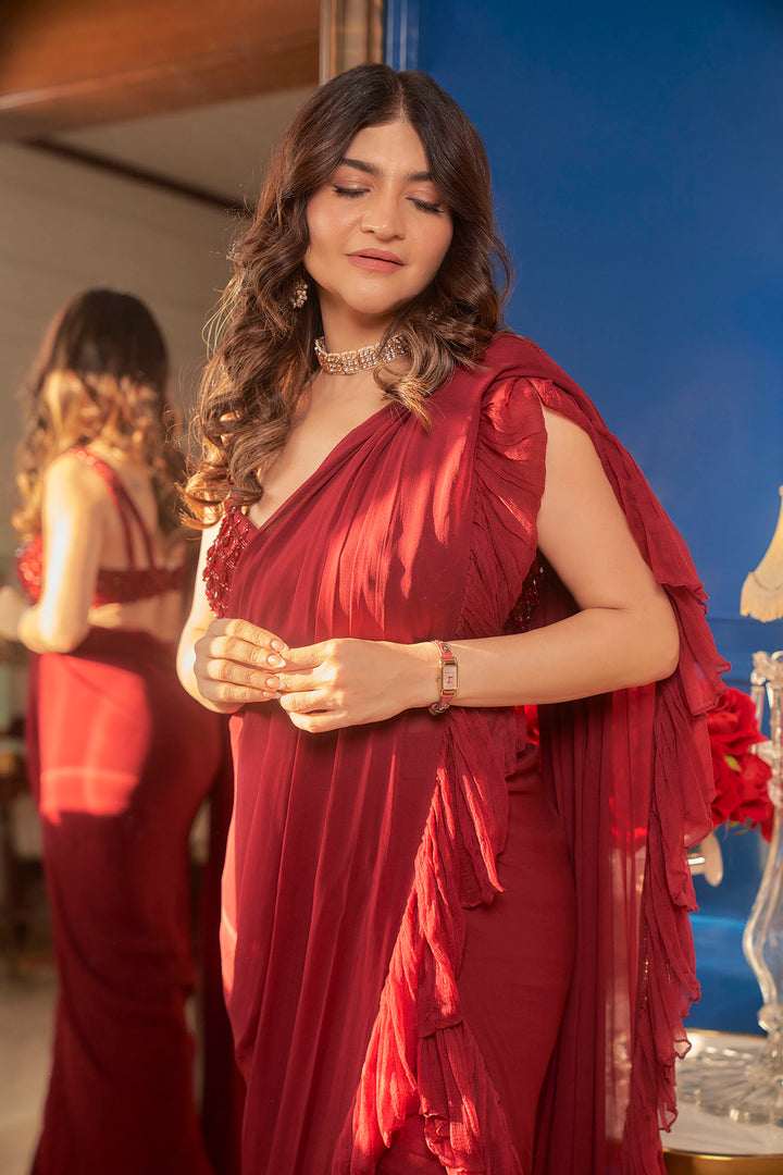 Influencer Khushnaaz In Our Maroon Sharara Saree