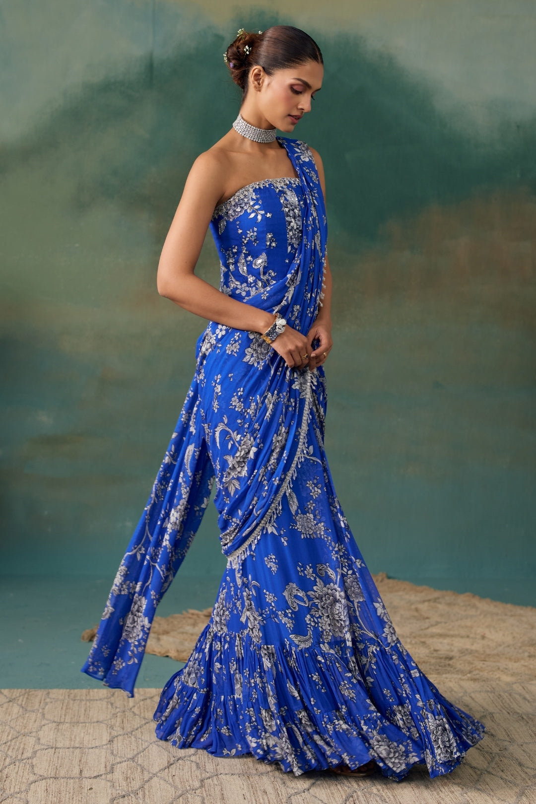 Royal Blue Saree And Corset