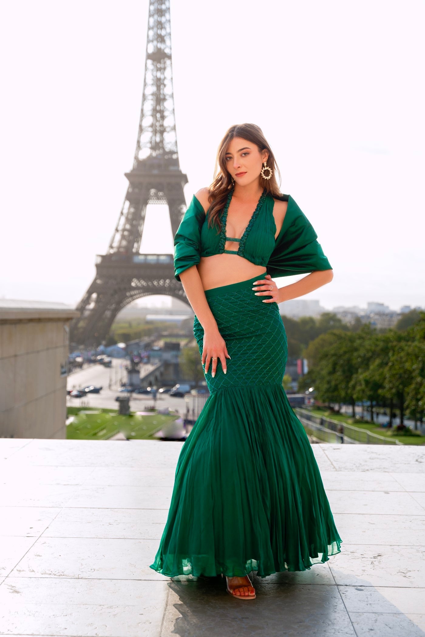 Green lehenga with blouse and pre-draped stole - RTS