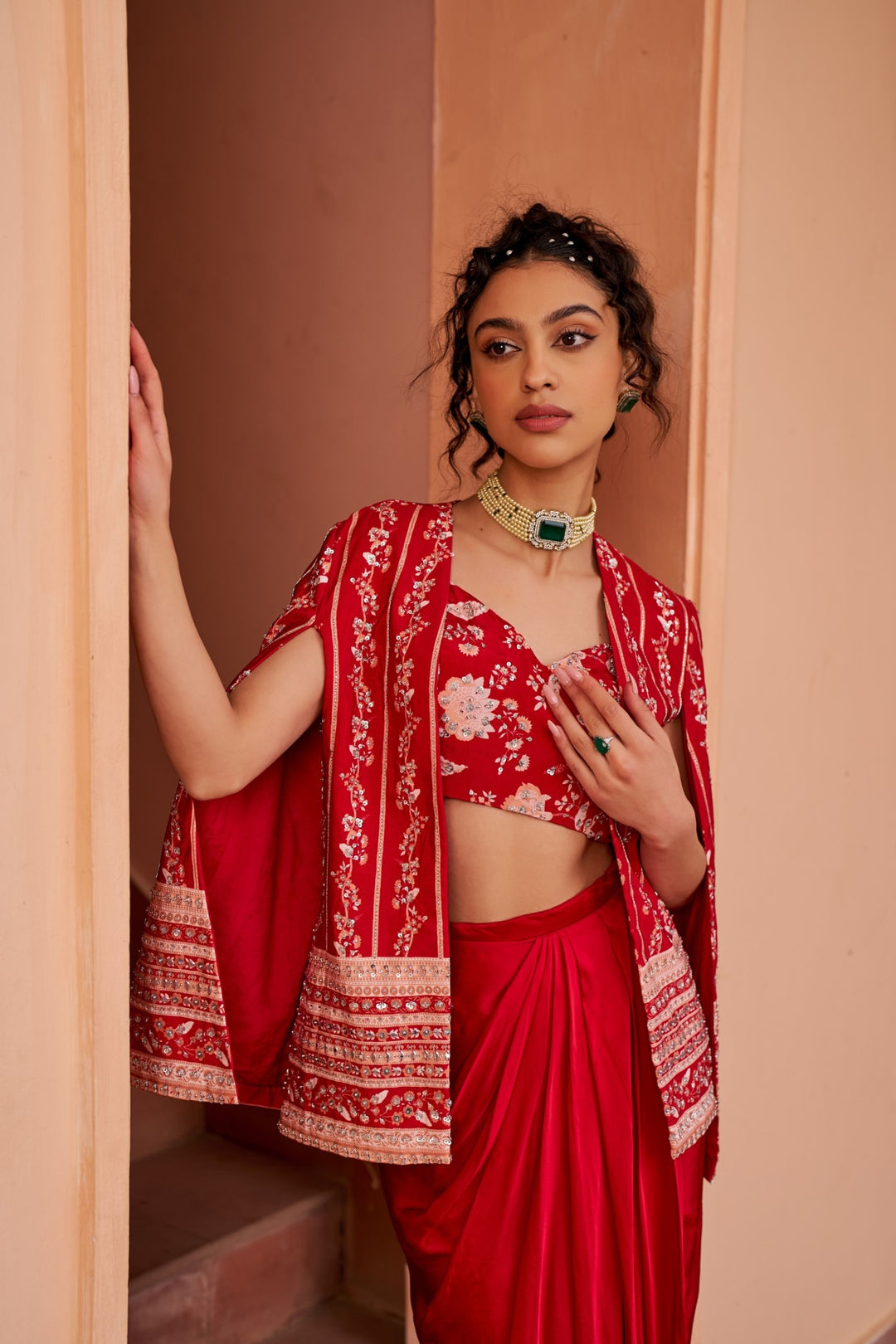 Red Printed Cape And Bustier With Draped Skirt