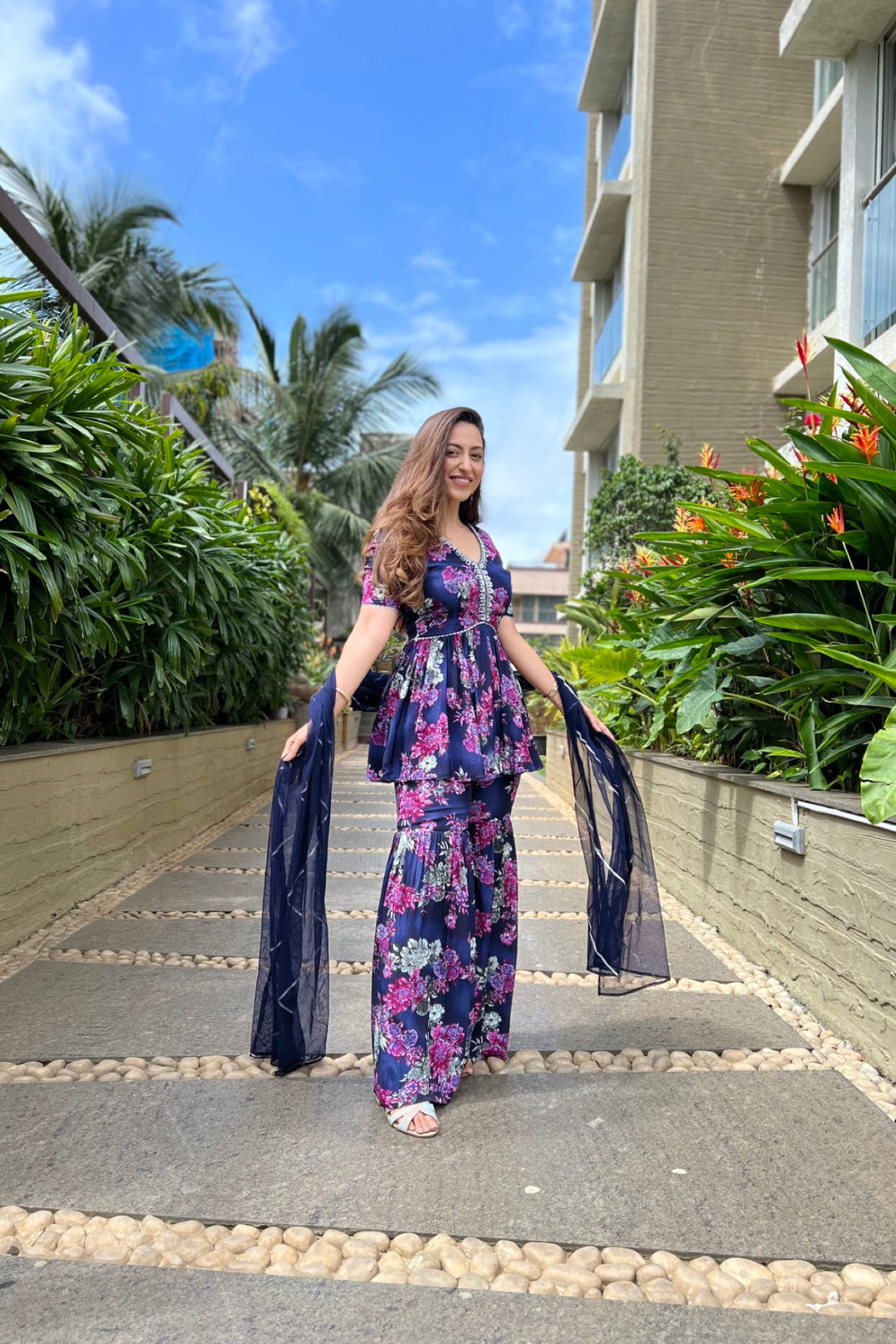 Influencer Vriti in navy blue printed sharara set