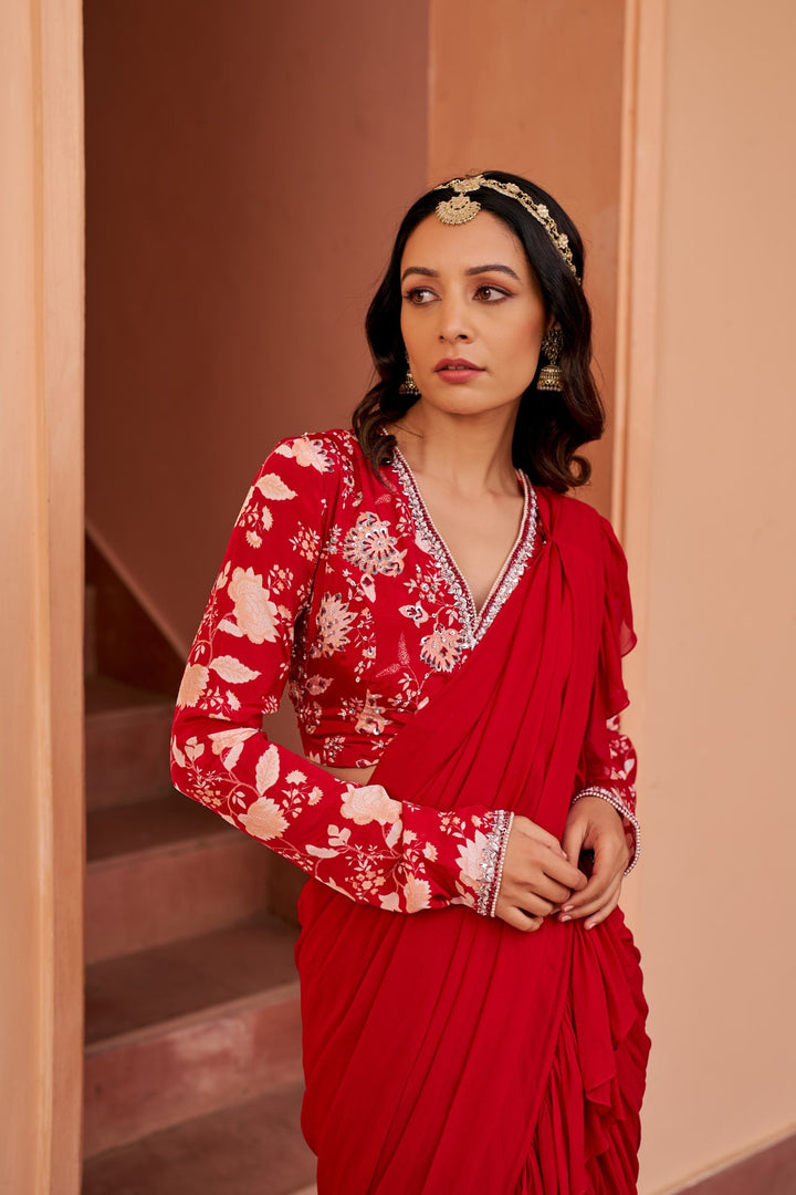 Red Saree With Printed Blouse