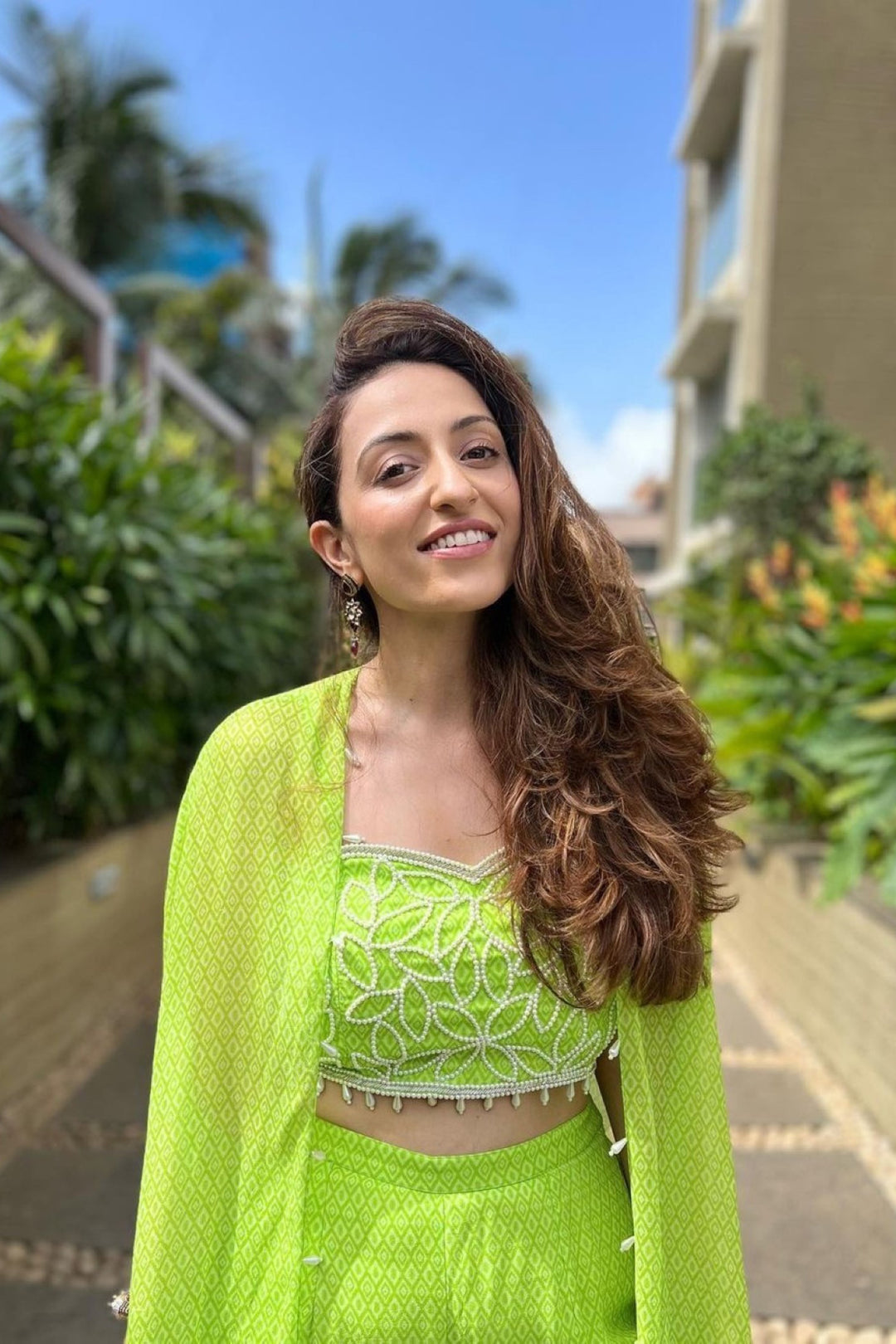 Influencer Vriti in lime green printed sharara set