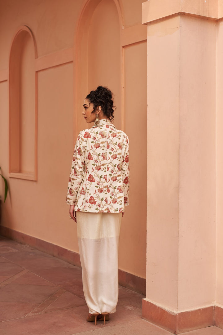 Ivory Draped Skirt With Printed Bustier And Jacket